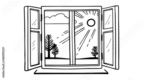 Bright sunny day seen through an open window with trees and clouds