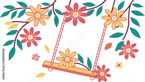 Adobe Illustrator Artwork A vector illustration of a swing hanging from a tree branch with colorful flowers for creative projects