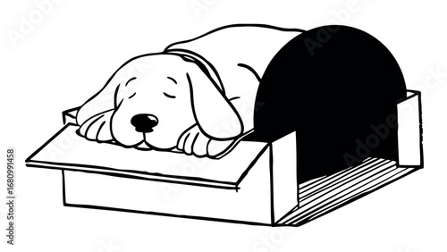 Adorable puppy peacefully sleeping in cozy doghouse, bringing warmth and comfort