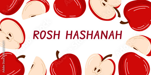 Festive Rosh Hashanah greeting design with red apple and seed arranged around text on a white background for Jewish new year holiday in flat style.