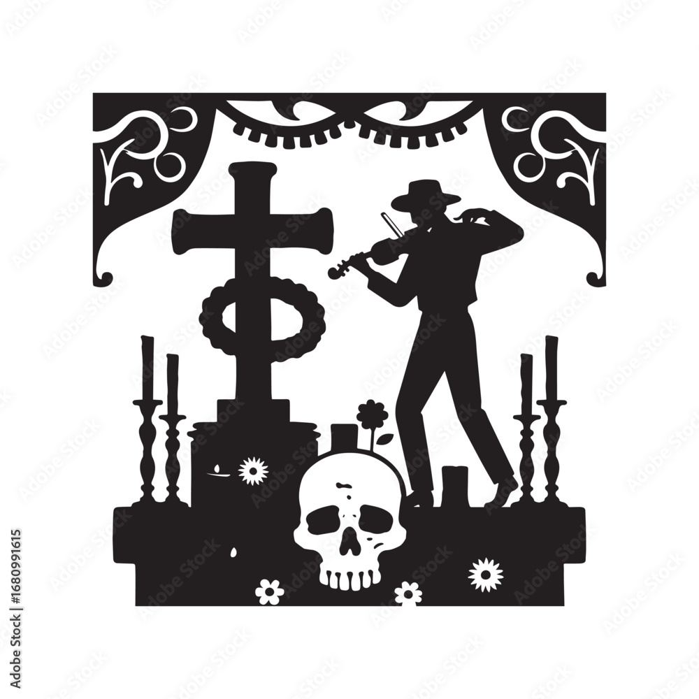 Ταπετσαρία Silhouette of El Mariachi skeleton musician playing the violin during the Day of the Dead