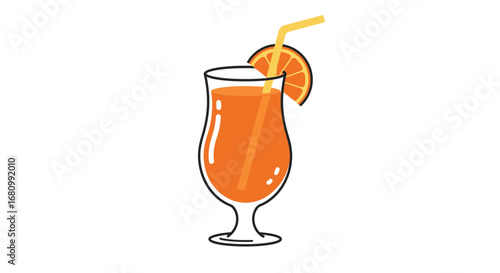 Refreshing orange juice in a tall hurricane glass with a slice of orange and straw