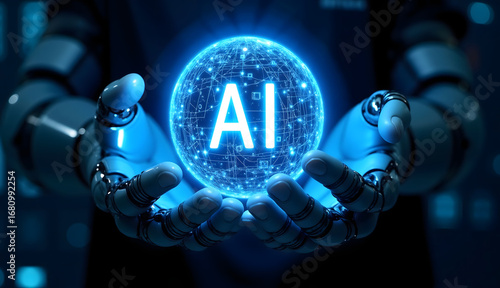 Glowing AI symbol in hands, futuristic digital concept with vibrant blue tones, emphasis on technology and innovation.