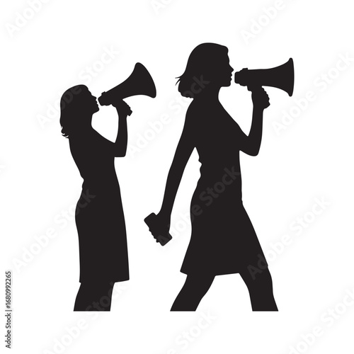 Silhouettes of Two Women Holding Megaphones, Speaking Out Boldly in Strong Black Outline Art.