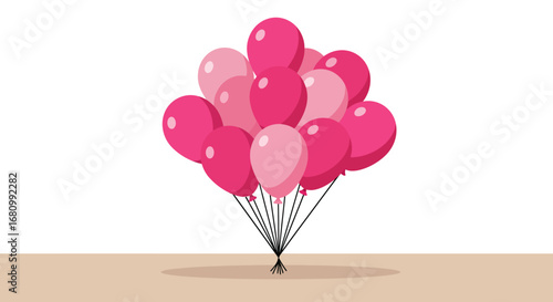 A vibrant bunch of pink and fuchsia balloons tied together with strings floating against a white background