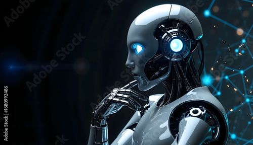 Futuristic humanoid robot, sleek design with glowing eyes, standing against a digital backdrop, exploring AI concepts.