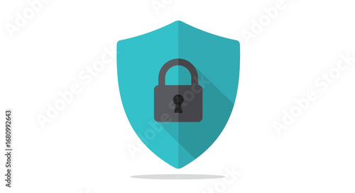 Turquoise shield with a dark grey padlock symbol representing security and protection against threats