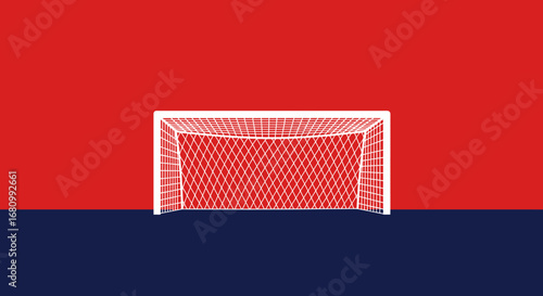 A clean minimalist soccer goal with a white frame and red net against a bold red and blue background