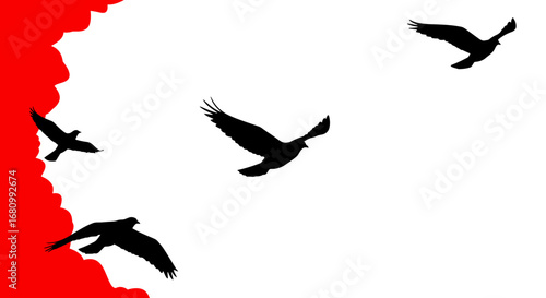 Silhouettes of four black birds in flight against a stark white background with a vibrant red torn edge on the left side