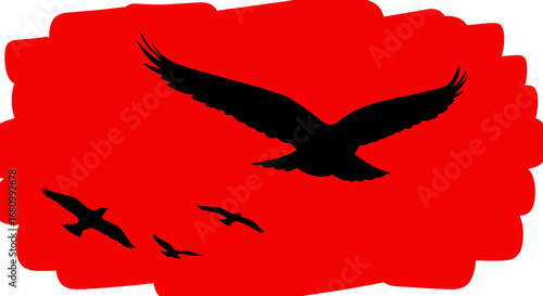 Silhouette of a large bird of prey soaring above smaller birds against a vibrant red abstract background