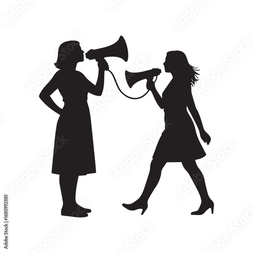 Silhouettes of Two Women Holding Megaphones, Speaking Out Boldly in Strong Black Outline Art.