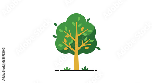 Stylized green deciduous tree with yellow fruit and small leaves on a white background
