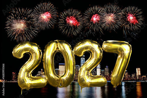 2027 New Years Eve celebration illustration gold balloons with fireworks in the background.