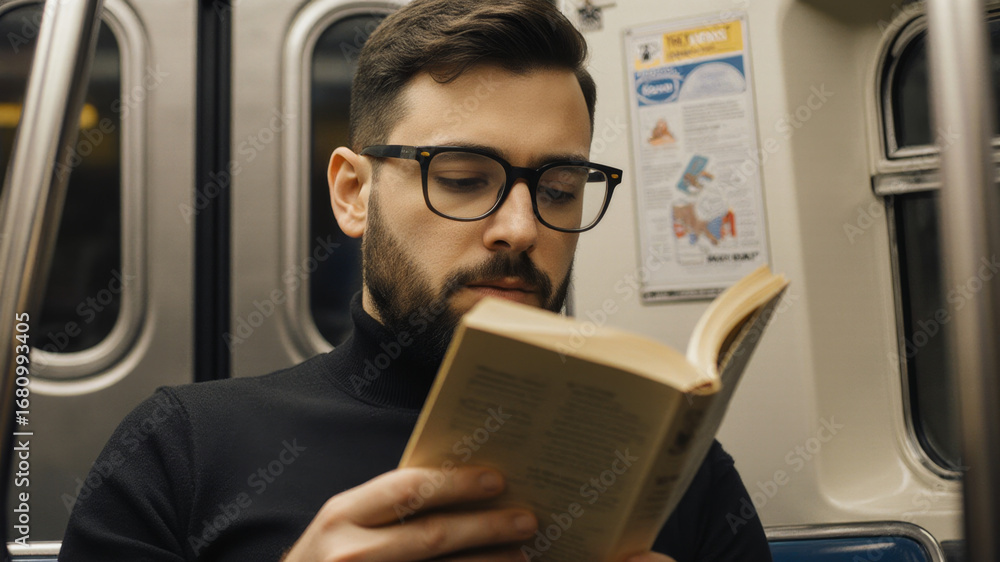 Fototapeta premium Bearded man wearing glasses reading paperback book on subway during afternoon