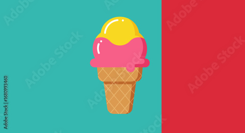 Brightly colored ice cream cone with strawberry and lemon flavors on a split turquoise and red background