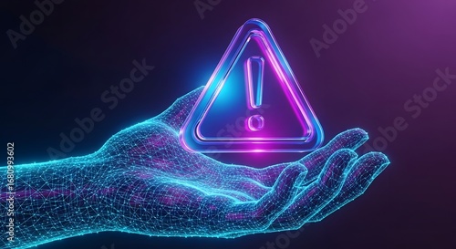 A glowing wireframe hand holding a glowing warning sign with an exclamation point inside it