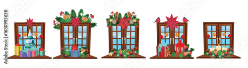 Set of wooden vector windows. Christmas window. Set of closed windows decorated for Christmas. Christmas tree, lanterns, cones, gifts. Christmas party. Set of decorations vector.