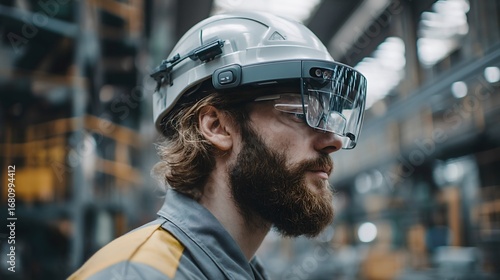 Focused factory worker wearing smart helmet and glasses demonstrating wearable technology in action