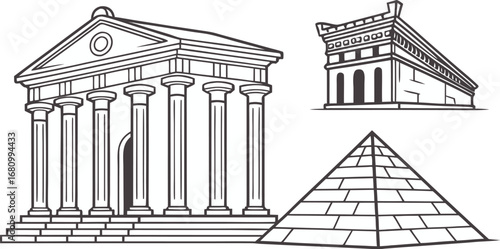 Adobe Illustrator Artwork Vector illustrations of historical architecture including a Greek temple, a monument, and an Egyptian pyramid