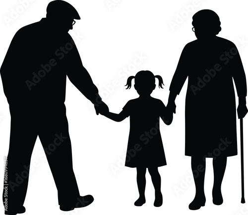 Silhouette of loving grandparents holding hands with granddaughter, family bond, multigenerational connection, support, care, love, walking together, unity, heritage, relationship, togetherness.