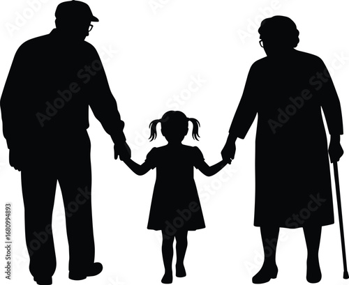Silhouette of loving grandparents holding granddaughter’s hands, family bond