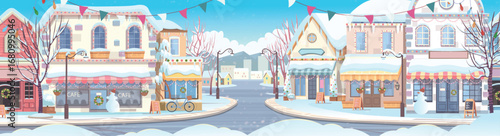Christmas Winter City. Panorama city in winter. Panorama street with houses, shops, cafes and trees. Cozy street in flat cartoon style. The street is decorated for Christmas.