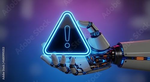 A robotic hand holding a neon blue warning sign with an exclamation point against a blue background