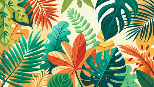 Vector art of lush tropical leaf pattern featuring vibrant exotic plants and colorful foliage, ideal for summer backgrounds and botanical designs inspired by jungle nature