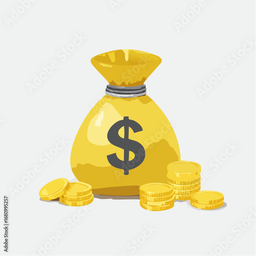 A golden money bag overflowing with stacks of gold coins.