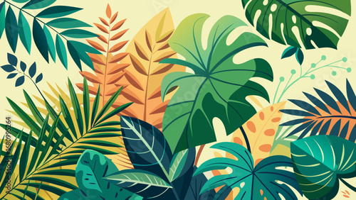 Vector art of exotic tropical leaf pattern with lush plants and vibrant foliage, perfect for summer backgrounds and botanical designs inspired by the beauty of nature