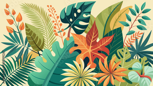 Vector art of colorful tropical foliage illustration showcasing vibrant leaves, exotic plants, and botanical elements in a lush jungle setting with decorative floral design