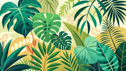 Vector art of vibrant tropical foliage illustration featuring monstera, palm, and exotic leaves in a lush, colorful jungle setting with a botanical and decorative design