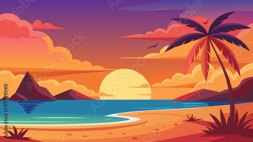 Vector art of beautiful tropical beach sunset landscape with palm tree, golden sand, and calm ocean water reflecting the warm light of the setting sun
