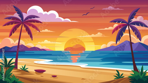 Vector art of bask in the beauty of a tropical sunset on a tranquil beach, framed by swaying palm trees, inviting you to a world of relaxation