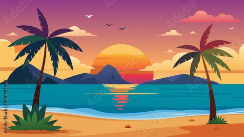 Vector art of vibrant tropical sunset beach scene with palm trees, calm ocean reflecting the colorful sky, and distant mountains creating a peaceful paradise