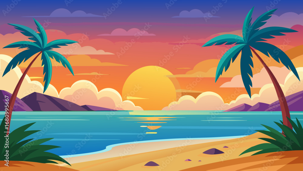 Fototapeta premium Vector art of tropical beach sunset with palm trees, calm sea, and colorful sky creating a serene and idyllic vacation scene, perfect for relaxation and travel