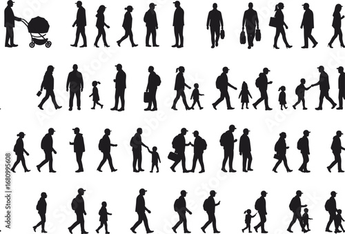 Silhouette of people walking including parents, children, men and women, in urban street lifestyle, diverse pedestrian activity, side view collection.