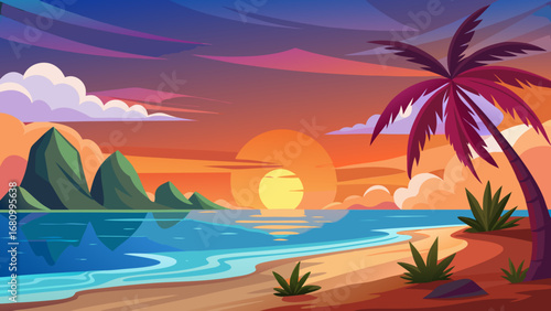 Vector art of tropical beach sunset landscape with palm tree, ocean, and mountains, creating a serene and picturesque scene for vacation and relaxation