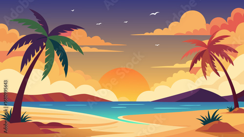 Vector art of tropical beach sunset with palm trees, calm sea, and colorful sky creating a serene and idyllic vacation scene, perfect for relaxation and travel