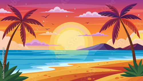 Vector art of tropical beach sunset with palm trees, calm sea, and colorful sky creating a serene and idyllic vacation scene, perfect for relaxation and travel