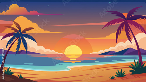 Vector art of a serene tropical beach scene at sunset with palm trees and calm waters, creating a peaceful and inviting atmosphere for a relaxing getaway