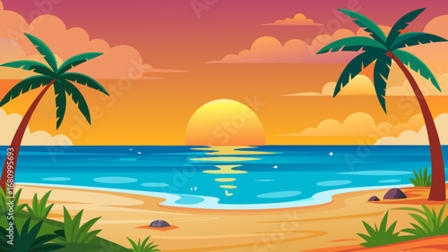 Vector art of a beautiful tropical beach sunset with palm trees, calm sea, and a colorful sky creating a serene and idyllic vacation scene
