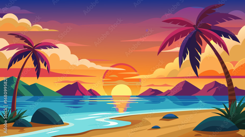 Obraz premium Vector art of a vibrant tropical beach sunset with palm trees, mountains, and a calm ocean, creating a peaceful and idyllic vacation scene at dusk