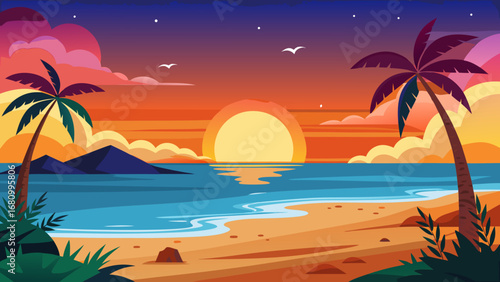 Vector art of a vibrant tropical beach scene at sunset with palm trees, calm sea, and colorful sky creating a peaceful and idyllic paradise landscape