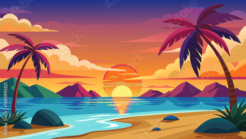 Vector art of a vibrant tropical beach sunset with palm trees, mountains, and a calm ocean, creating a peaceful and idyllic vacation scene at dusk