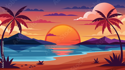 Vector art of a picturesque tropical beach at sunset with palm trees, mountains, and a calm ocean, creating a peaceful and idyllic vacation scene