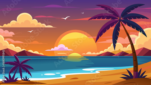 Vector art of a vibrant sunset over a tropical beach with palm trees, creating a serene and inviting scene for vacation and relaxation