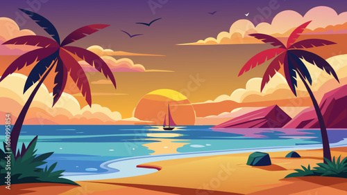 Vector art of a tranquil tropical beach sunset with palm trees and a sailboat on the horizon, evoking a sense of peace and wanderlust