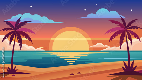 Vector art of a serene tropical beach at sunset with palm trees framing the golden sun reflecting on the water, creating a peaceful and idyllic scene