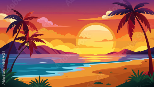 Vector art of a vibrant sunset over a tropical beach with palm trees, creating a serene and idyllic scene of paradise and relaxation